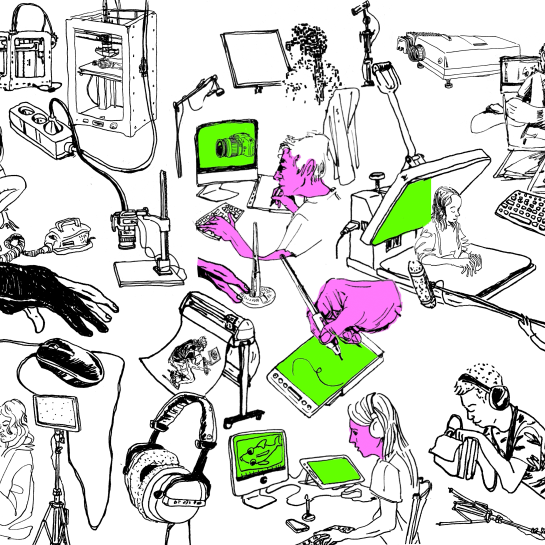 illustratie handen die audiovisuele technieken gebruiken