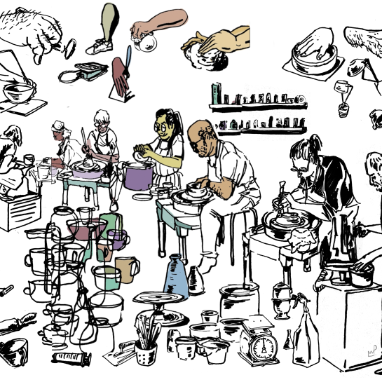 tekening leerlingen die dingen in klei maken